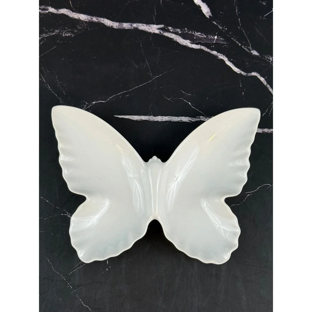 VTG O.M.C. Japan White Porcelaing Butterfly Trinket Jewelry Dish 6X4.5in